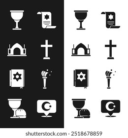 Conjunto de cruz cristiana, templo espiritual hindú, Santo grial o cáliz, rollo de la Torá, libro de la Torá judía, Aspergillum, estrella y media luna e icono. Vector