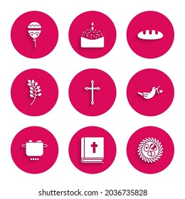 Set Christian cross, Holy bible book, Easter egg in wicker nest, Peace dove with olive branch, Egg hot pot, Willow leaf, Bread loaf and Balloons ribbon icon. Vector