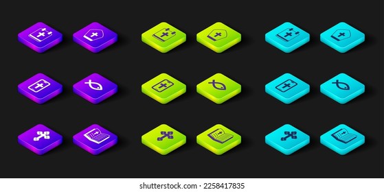 Set Christian cross, Holy bible book, on phone, fish symbol, Pope hat and Calendar with Easter icon. Vector