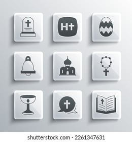 Set Christian cross, Holy bible book, Rosary beads religion, Church building, chalice, bell, Grave with tombstone and Easter egg icon. Vector