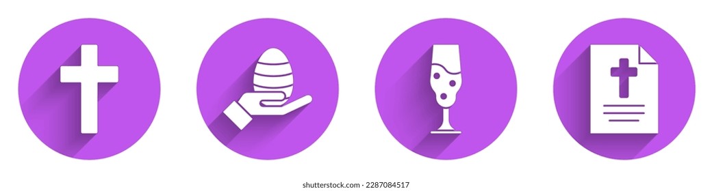 Set Christian cross, Human hand and easter egg, Wine glass and Greeting card with Happy Easter icon with long shadow. Vector