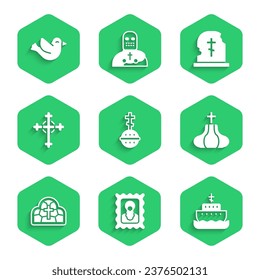 Set Christian cross, icon, Ark of noah, Church tower, Stained glass, Grave with tombstone and Dove icon. Vector