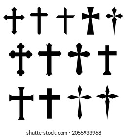 A set of Christian cross icons in black and white. They’re different design and isolated on white background.