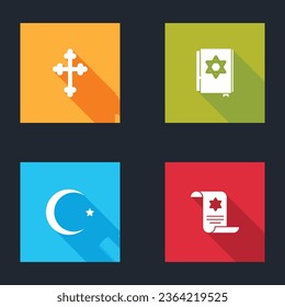 Set Christian cross, Jewish torah book, Star and crescent and Torah scroll icon. Vector