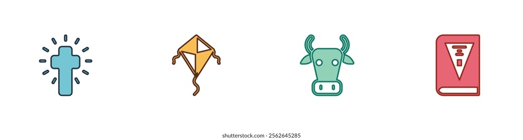 Set Christian cross, Kite, Cow and India constitution day icon. Vector