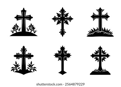 Set of Christian cross liner and silhouette, Religious cross icon illustration