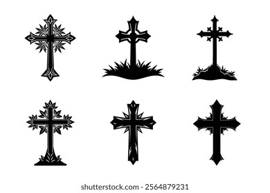 Set of Christian cross liner and silhouette, Religious cross icon illustration