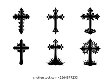 Set of Christian cross liner and silhouette, Religious cross icon illustration