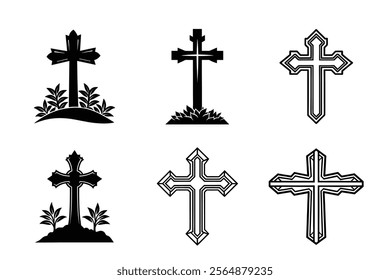 Set of Christian cross liner and silhouette, Religious cross icon illustration