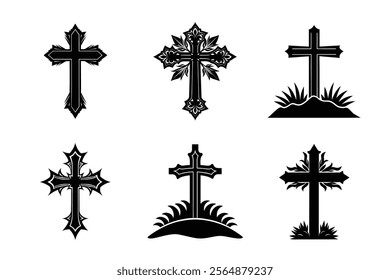 Set of Christian cross liner and silhouette, Religious cross icon illustration