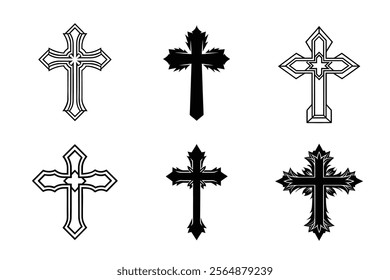 Set of Christian cross liner and silhouette, Religious cross icon illustration