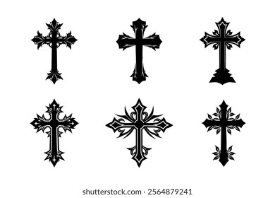 Set of Christian cross liner and silhouette, Religious cross icon illustration