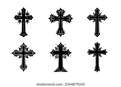 Set of Christian cross liner and silhouette, Religious cross icon illustration