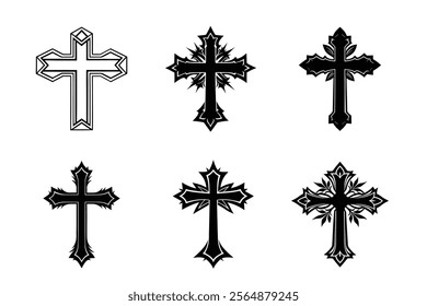 Set of Christian cross liner and silhouette, Religious cross icon illustration