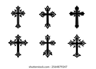 Set of Christian cross liner and silhouette, Religious cross icon illustration