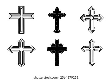 Set of Christian cross liner and silhouette, Religious cross icon illustration