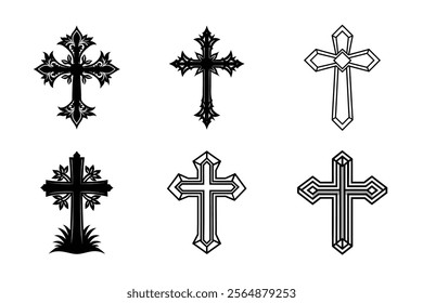 Set of Christian cross liner and silhouette, Religious cross icon illustration