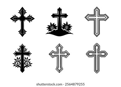 Set of Christian cross liner and silhouette, Religious cross icon illustration