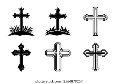 Set of Christian cross liner and silhouette, Religious cross icon illustration