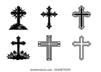 Set of Christian cross liner and silhouette, Religious cross icon illustration