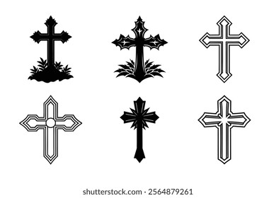 Set of Christian cross liner and silhouette, Religious cross icon illustration