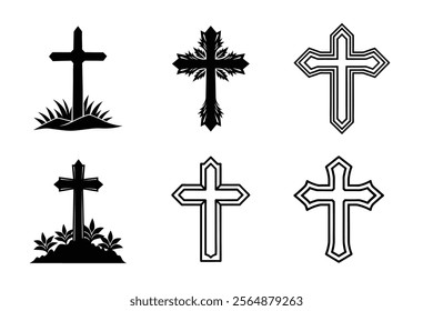 Set of Christian cross liner and silhouette, Religious cross icon illustration