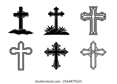 Set of Christian cross liner and silhouette, Religious cross icon illustration