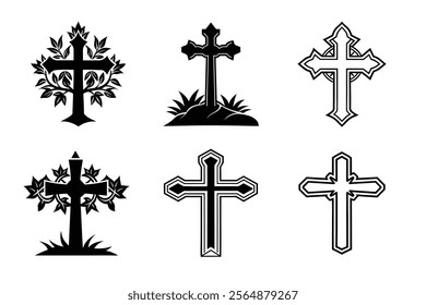 Set of Christian cross liner and silhouette, Religious cross icon illustration