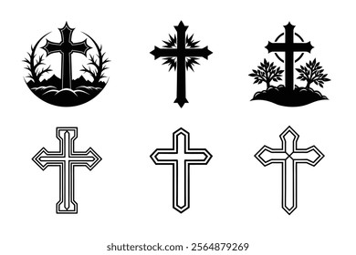 Set of Christian cross liner and silhouette, Religious cross icon illustration