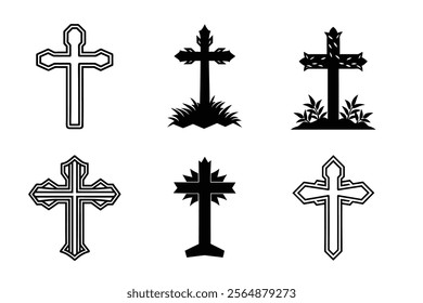 Set of Christian cross liner and silhouette, Religious cross icon illustration