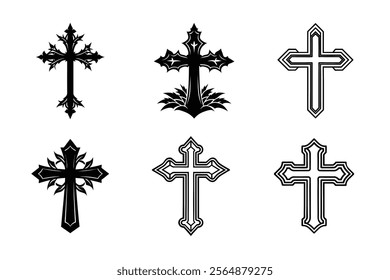 Set of Christian cross liner and silhouette, Religious cross icon illustration