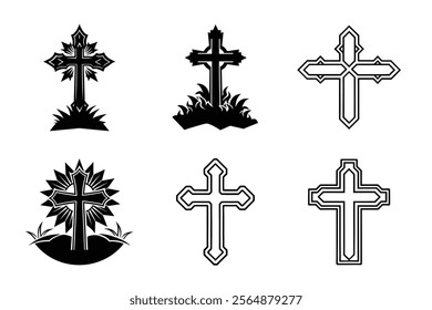 Set of Christian cross liner and silhouette, Religious cross icon illustration