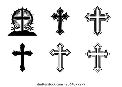 Set of Christian cross liner and silhouette, Religious cross icon illustration