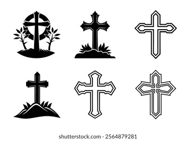 Set of Christian cross liner and silhouette, Religious cross icon illustration