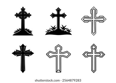 Set of Christian cross liner and silhouette, Religious cross icon illustration