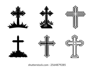 Set of Christian cross liner and silhouette, Religious cross icon illustration