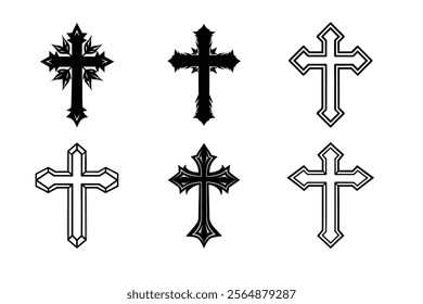 Set of Christian cross liner and silhouette, Religious cross icon illustration