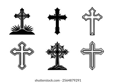 Set of Christian cross liner and silhouette, Religious cross icon illustration