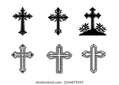 Set of Christian cross liner and silhouette, Religious cross icon illustration