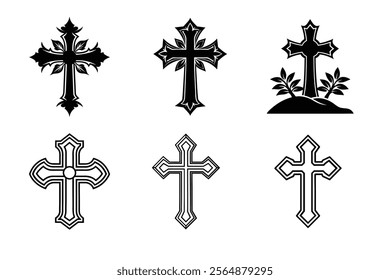 Set of Christian cross liner and silhouette, Religious cross icon illustration