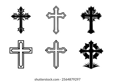 Set of Christian cross liner and silhouette, Religious cross icon illustration