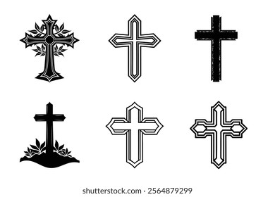 Set of Christian cross liner and silhouette, Religious cross icon illustration