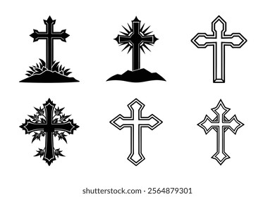 Set of Christian cross liner and silhouette, Religious cross icon illustration