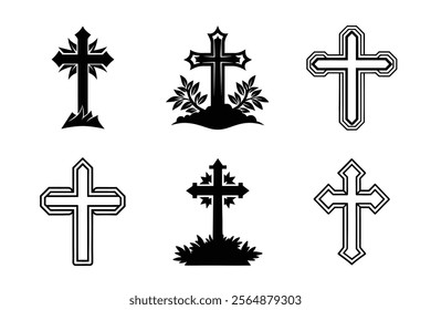 Set of Christian cross liner and silhouette, Religious cross icon illustration