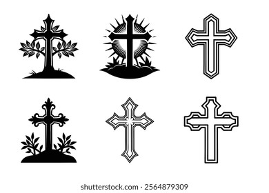 Set of Christian cross liner and silhouette, Religious cross icon illustration