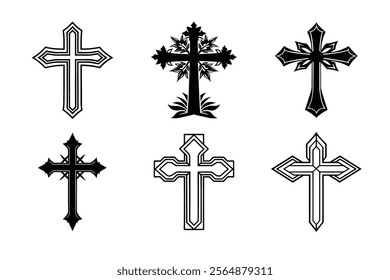 Set of Christian cross liner and silhouette, Religious cross icon illustration