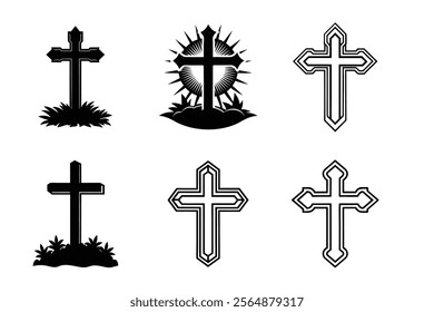 Set of Christian cross liner and silhouette, Religious cross icon illustration