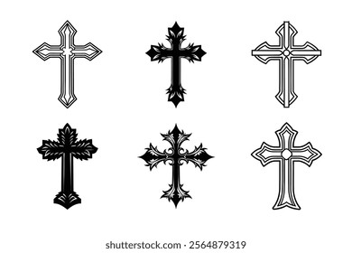 Set of Christian cross liner and silhouette, Religious cross icon illustration