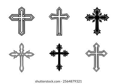 Set of Christian cross liner and silhouette, Religious cross icon illustration