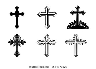 Set of Christian cross liner and silhouette, Religious cross icon illustration